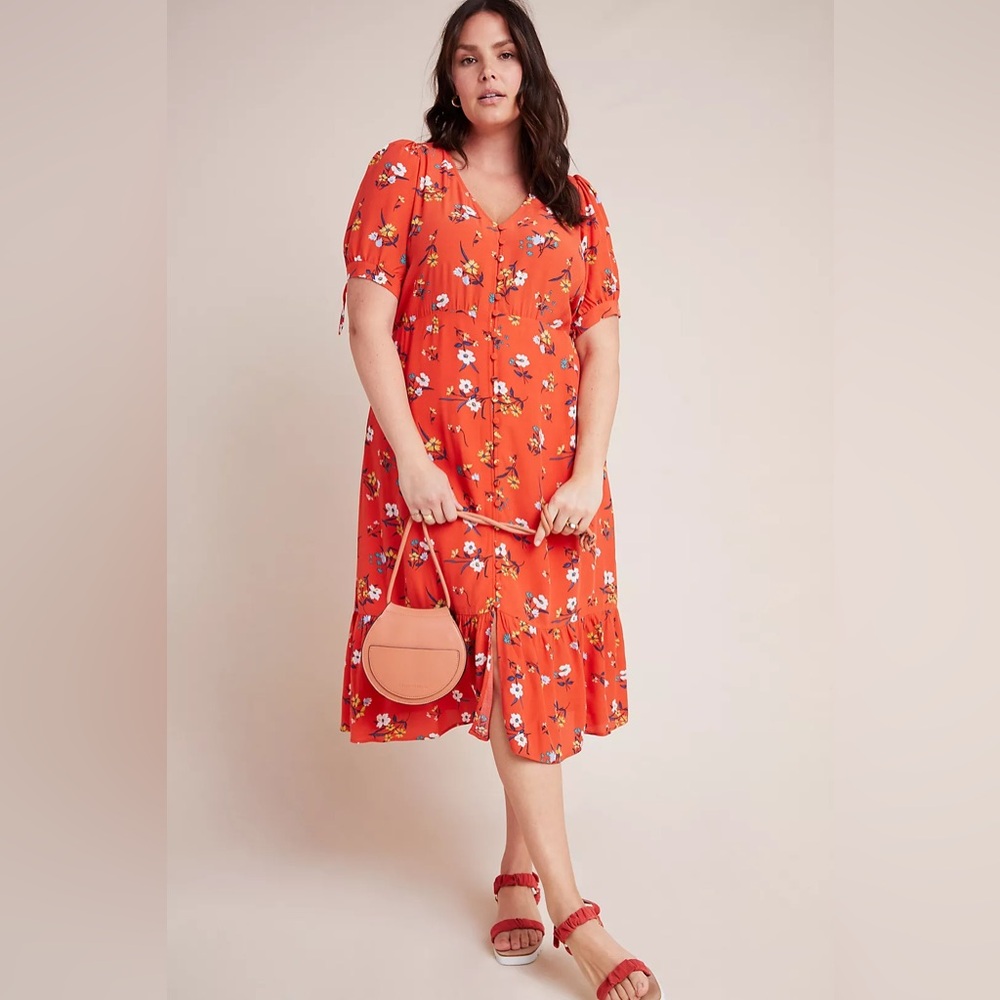 ANTHROPOLOGIE Maeve Eudora Midi Dress Orange Foral - 14
